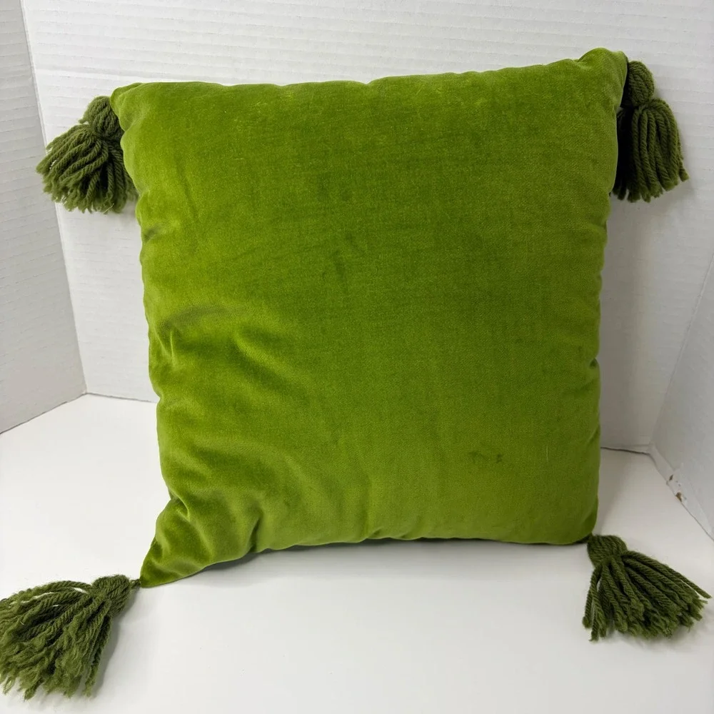 Vtg Floral Needlepoint Pillow Green Velvet Tassels Handmade Boho Cottagecore 70s